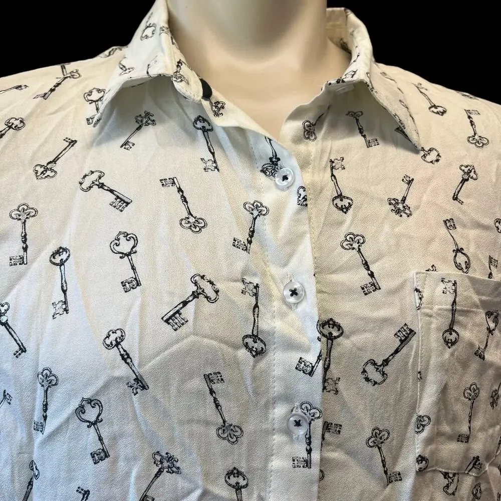 Dress Barn Blouse Womens XL Silver Key Fancy Button Down Collar Art to Wear